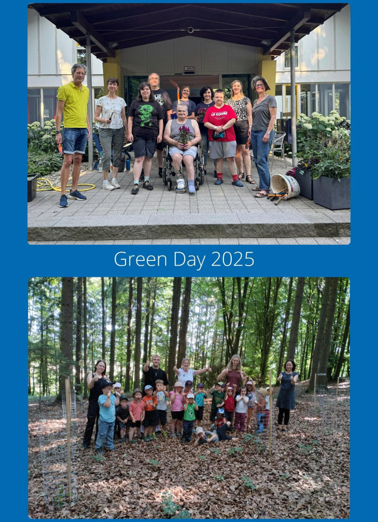 Zwei Gruppenfotos vom Green Day 2025 der Bionorica SE bei der Lebenshilfe Neumarkt
